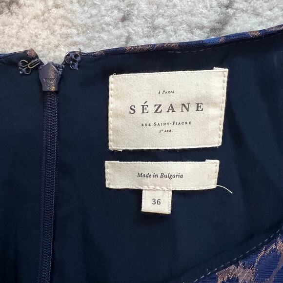 Sezane Auberie Jacquard Leopard Print Ruffle Hem Shift Dress Blue 4 - Picture 4 of 6